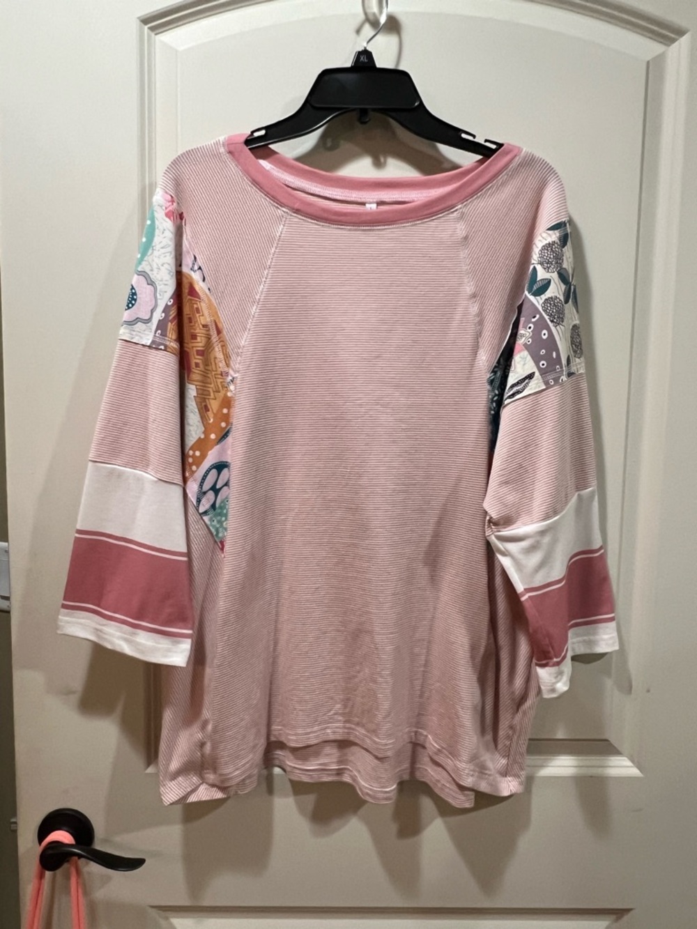 Boho Patchwork Pink Dolman Crewneck Women's Top